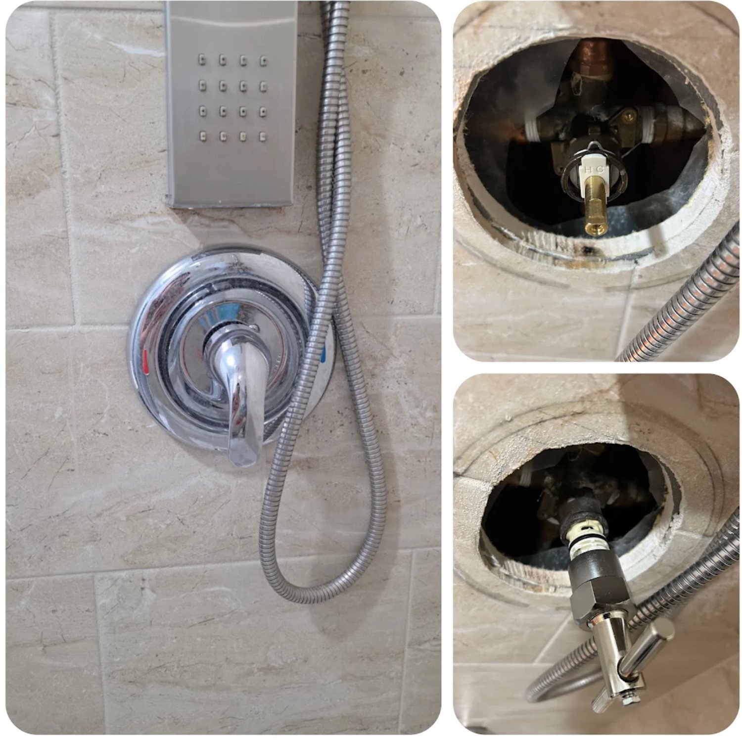 Finished shower valve trim alongside close ups of the valve body inside the opened wall